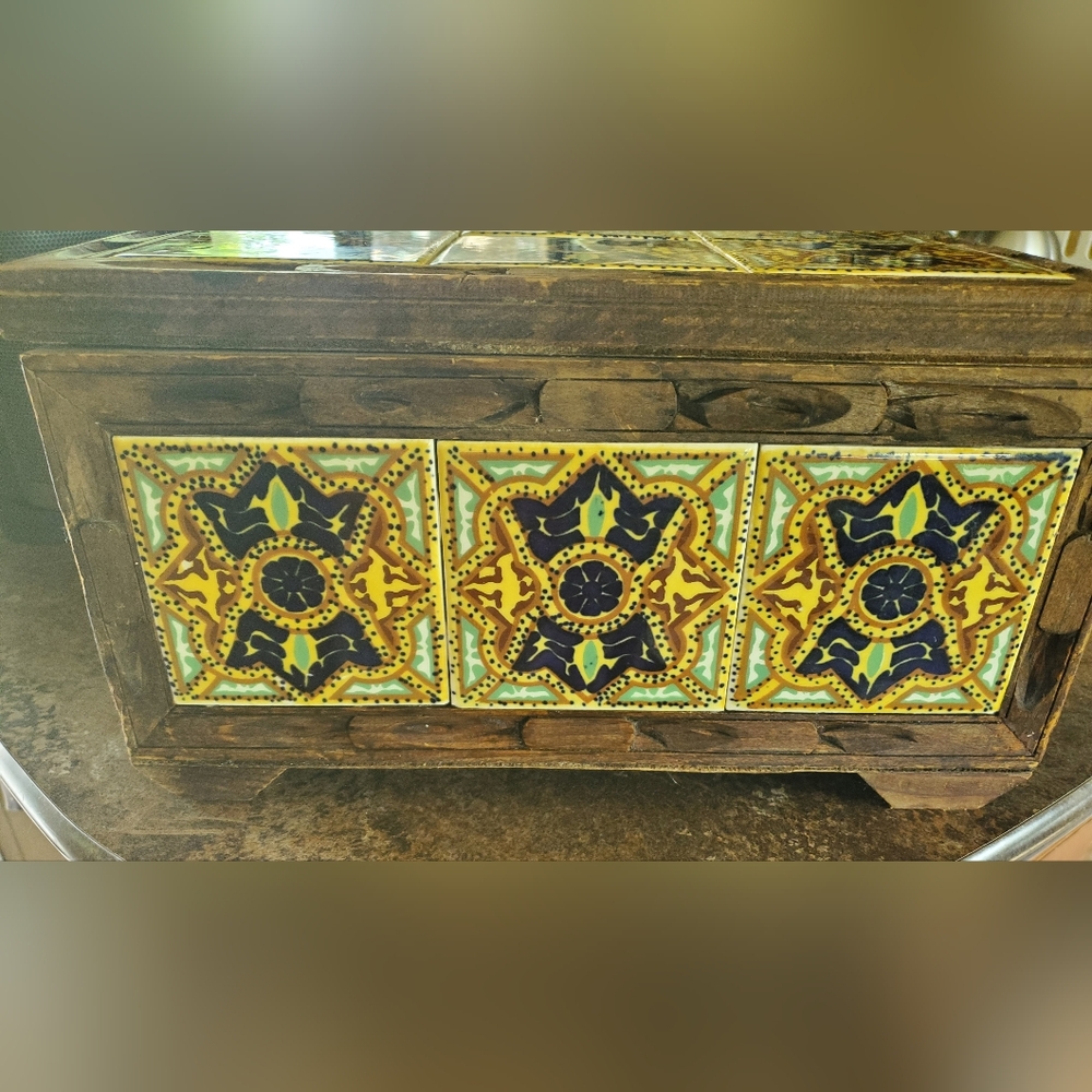 LOWERED PRICE!! Vintage Mexican Tile Carved Wood Trunk - Handmade